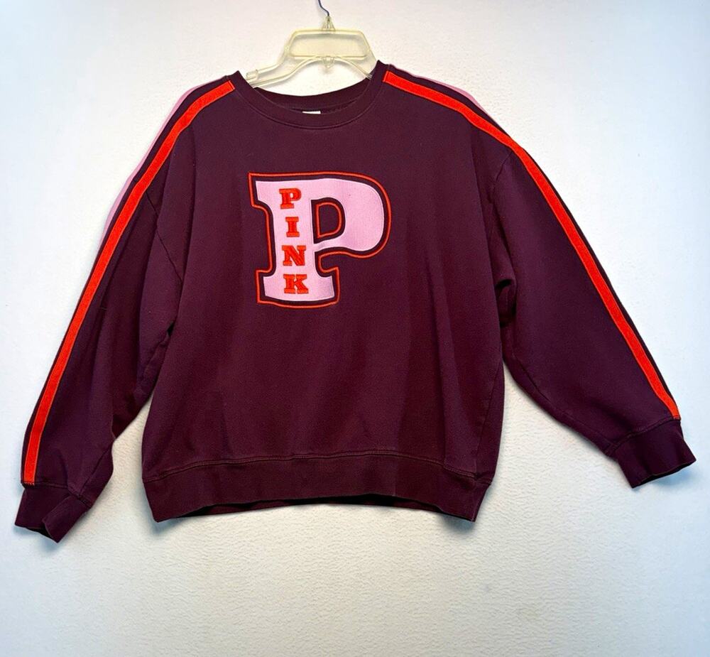 PINK Victoria's Secret XL burgundy & pink ￼ Crewneck embroidered Logo Sweatshirt